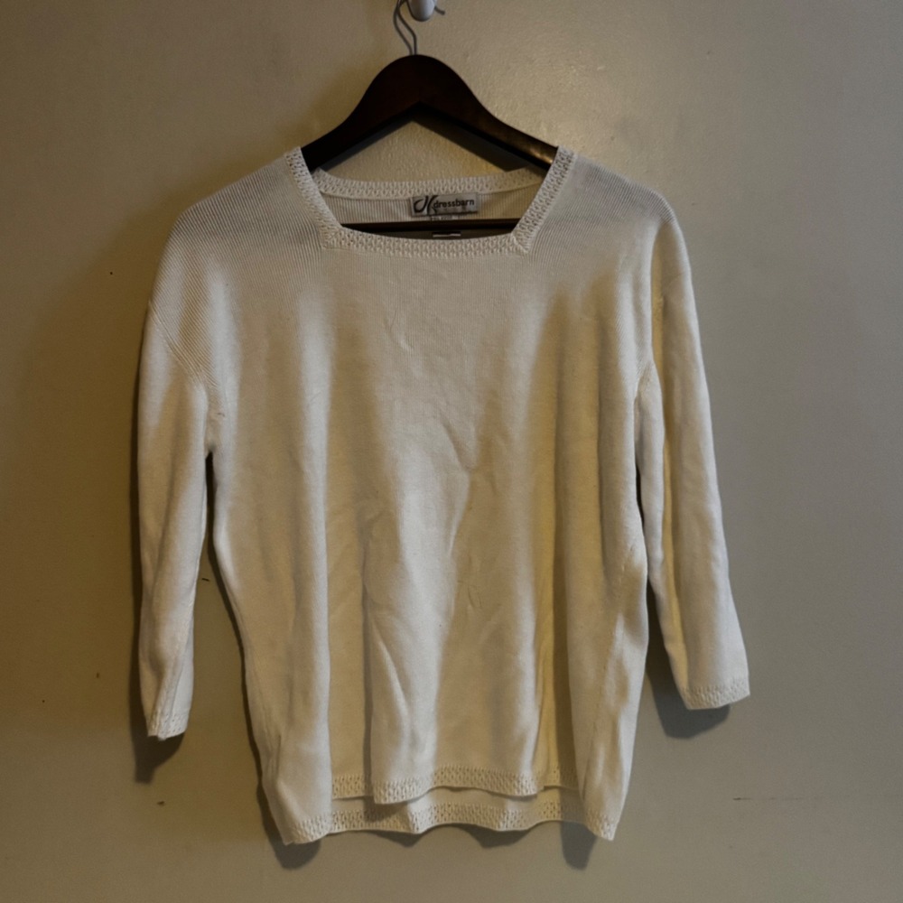 Dressbarn Women's XL White Square Neck 3/4 Sleeve Knit Sweater Cotton Blend